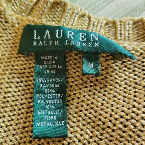 LAUREN Ralph Lauren Gold Metallic V Neck Nautical Sweater 3/4 Sleeve M - Picture 5 of 10